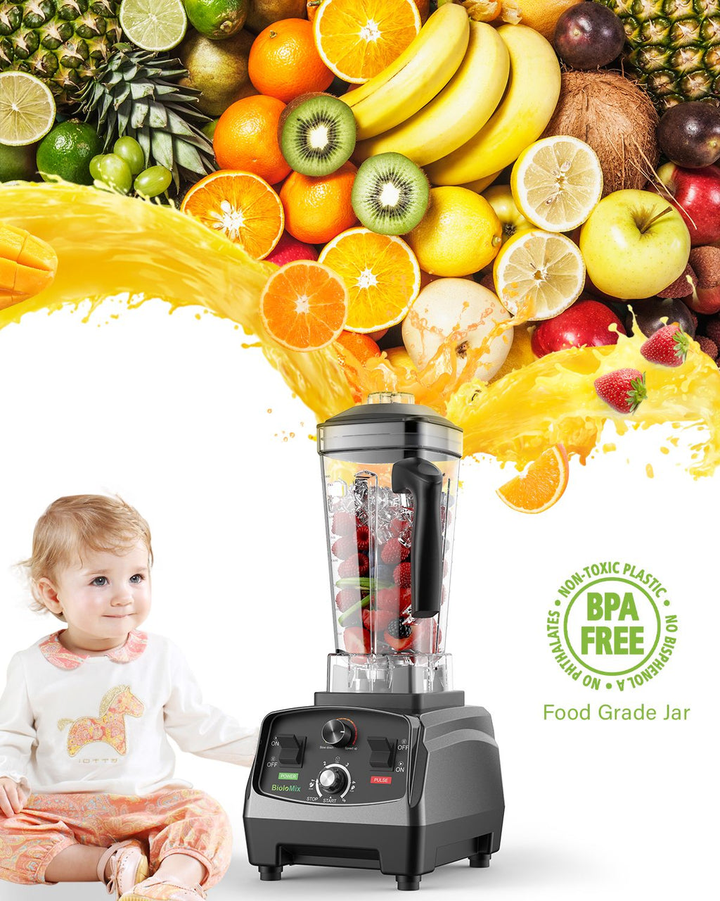BioloMix-batidora con temporizador de alta resistencia, 3HP, 2200W, exprimidor, procesador de alimentos y frutas, batidos de hielo, sin BPA, tarro de 2L
