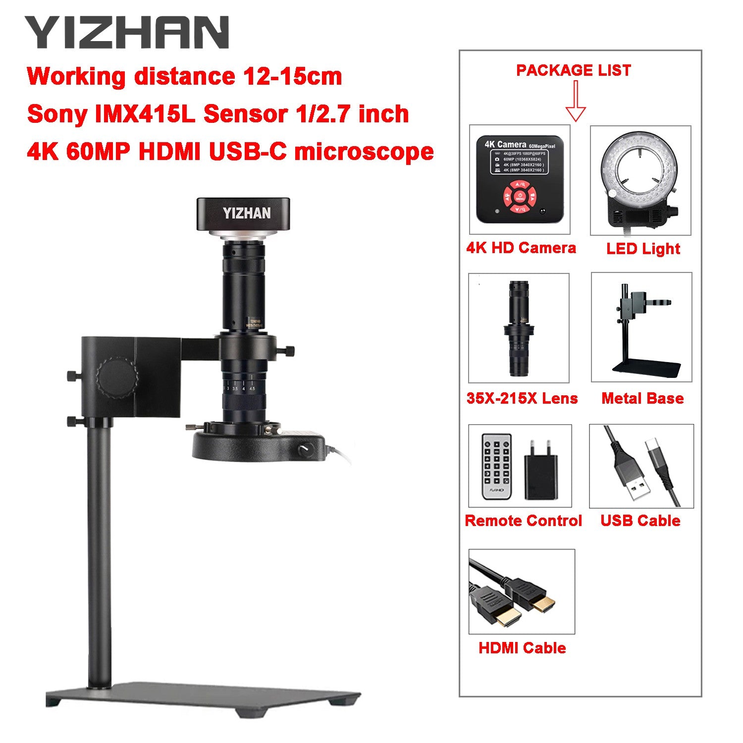 YIZHAN 60MP 48MP 13MP HD microscopio Digital para soldar 4K HDMI USB VGA microscopio electrónico cámara lente de Zoom para medir