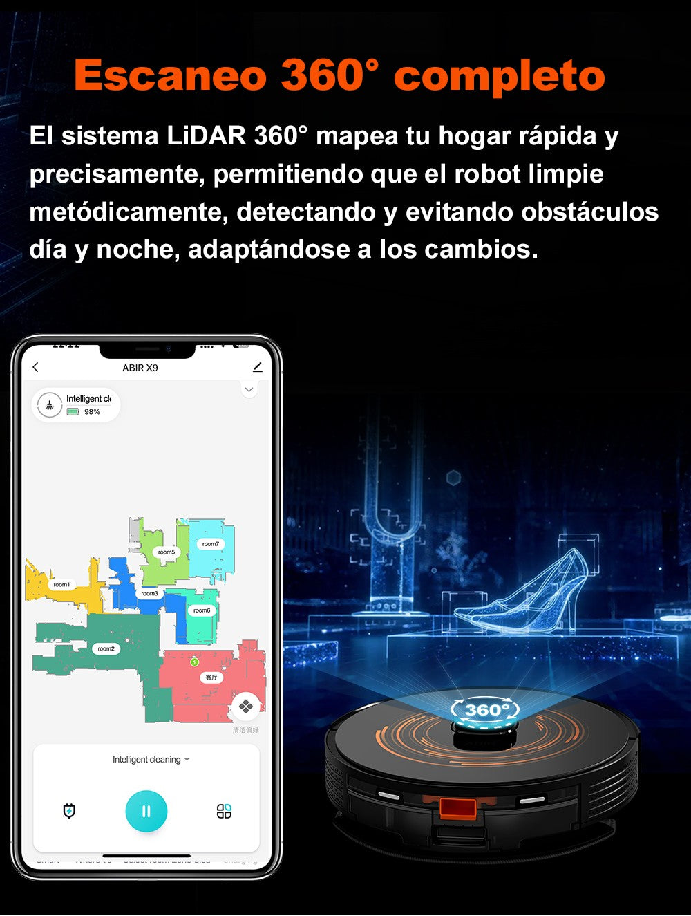 Robot Aspirador ABIR X9, Sistema Láser, Limpieza UV Doble, Tecnología Auto Carpet Boost, Mapas de Múltiples Pisos, Limpieza Personalizada por Habitaciones