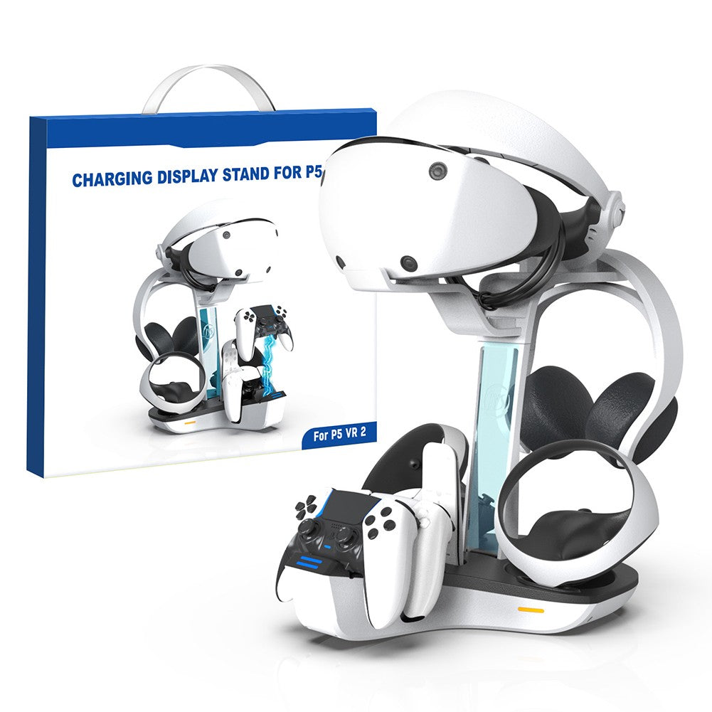Base de carga para PS5 PS VR2, soporte de auriculares, controlador, estación de carga, luz indicadora LED, almacenamiento de auriculares para casco