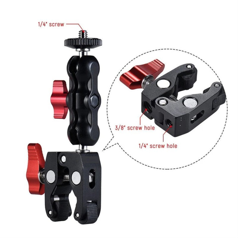Monitor de montaje con abrazadera para cámara Super Clamp 360 °   Adaptador de cabeza de bola doble con brazo mágico Ballhead para cámara DSLR/Gopro/luces LED/teléfono