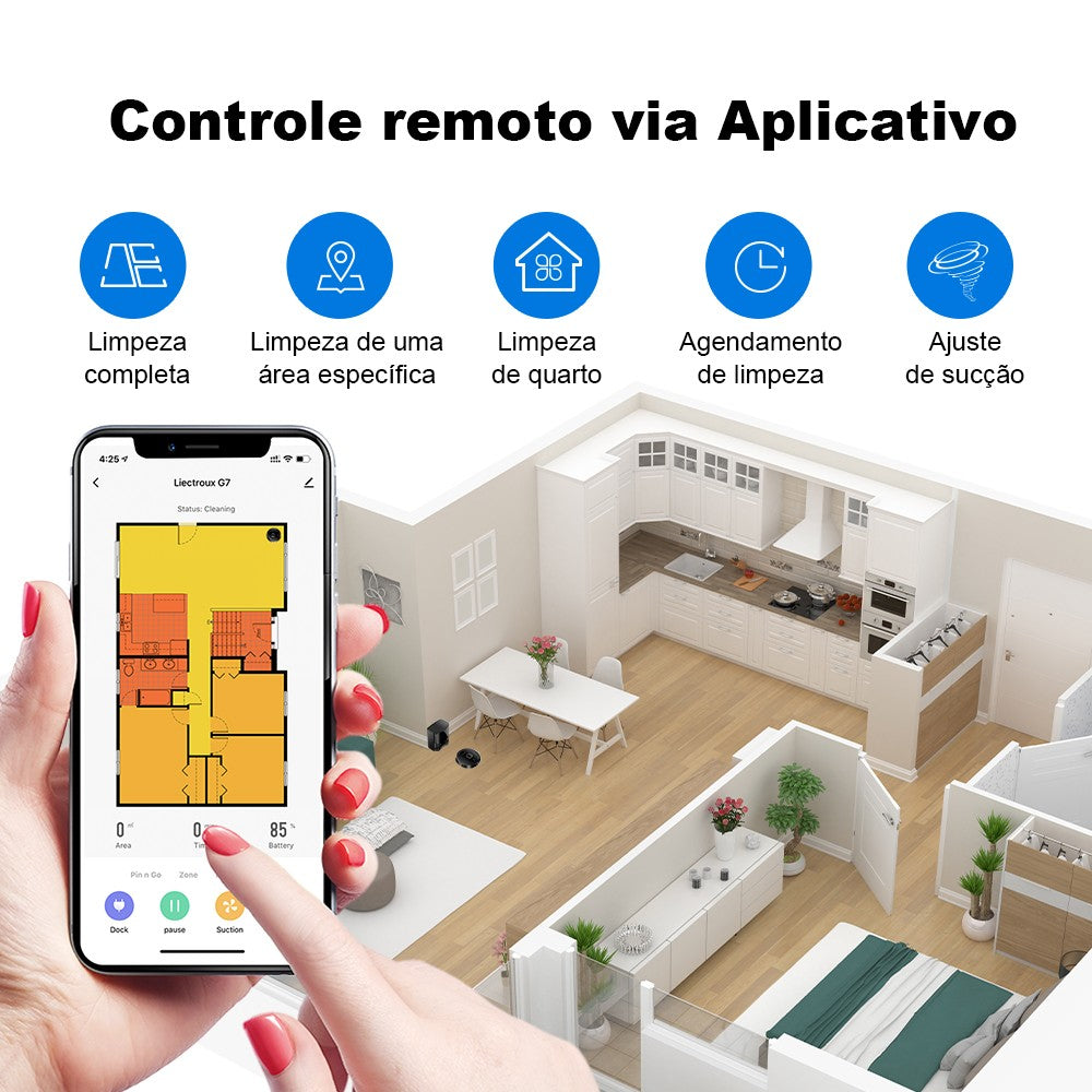 Robô Aspirador Liectroux G7 Aspira Passa Pano Base Autolimpante Controle via Aplicativo Navegação a Laser Armazena Mapas