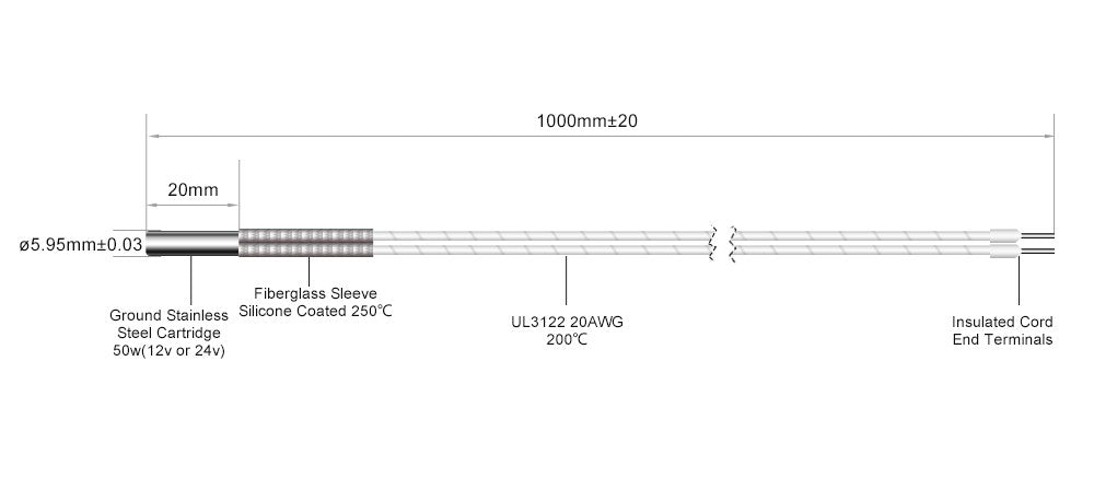 Cartucho Calefactor Trianglelab de 6*20MM 12V / 24V 50W con Cable de 100CM para Impresora 3D, para HOTEND V6 Volcano MK8 MK9