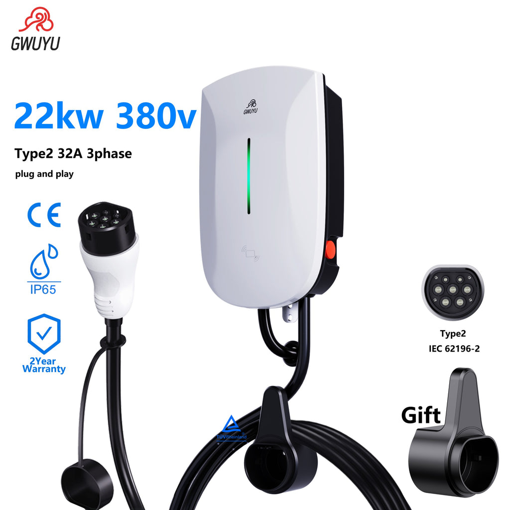 Estación de carga EV GWUYU Plug and Play Tipo 2 IEC62196-2 32A 7KW 220V 22KW 380V 11KW 16A 3 fases EVSE Wallbox 5 metros