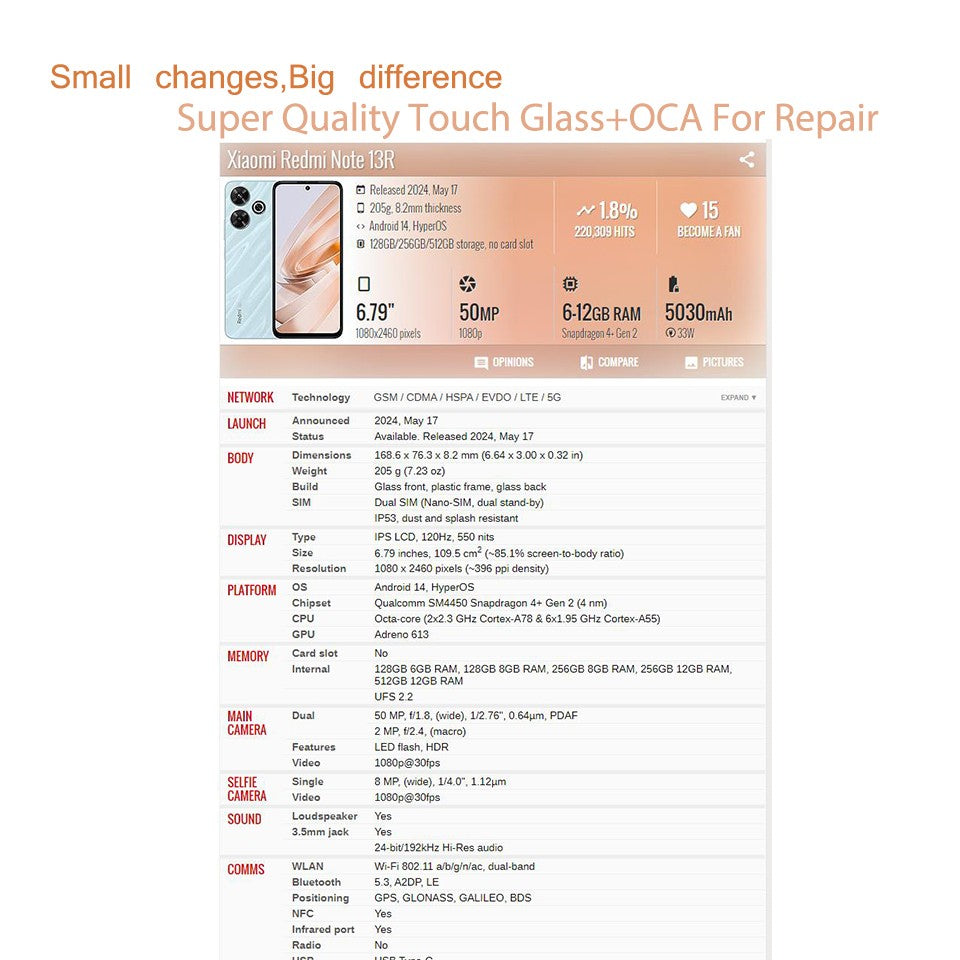 Lote de 10 Piezas para Xiaomi Redmi Note 13 Pro 4G 13 13R 13C 5G 14C 14R, Panel de Pantalla Táctil, Cristal Exterior Frontal con OCA