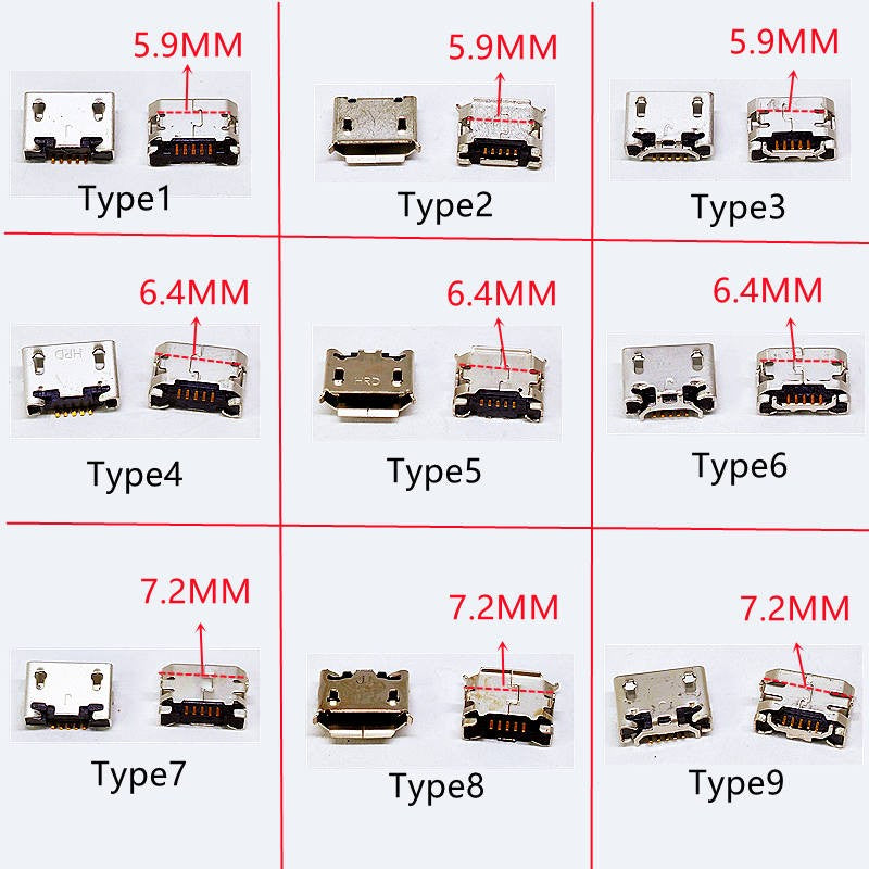 100 Uds Micro USB mini conector 5pin 5,9mm 6,4mm 7,2mm aguja corta 5P DIP2 puerto de datos puerto de carga para enchufe final móvil puerto V8