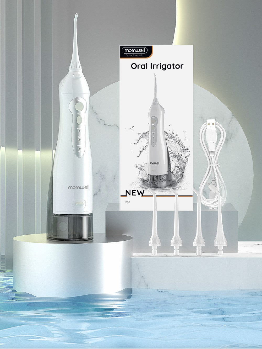 Irrigador Bucal Mornwell con 6 Boquillas y 3 Modos, Irrigador Dental Inalámbrico Portátil D52, Limpiador de Dientes con Resistencia al Agua IPX7