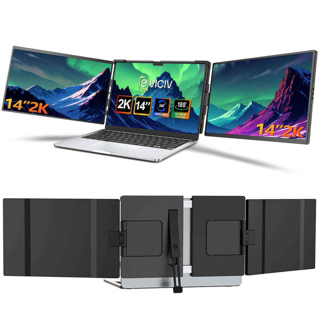 Extensor de pantalla para computadora portátil EVICIV 2K de 14" QHD 1440P, monitor triple portátil con rotación automática de 180° para Wins, Mac, Dex, Chrome, viajes, trabajo