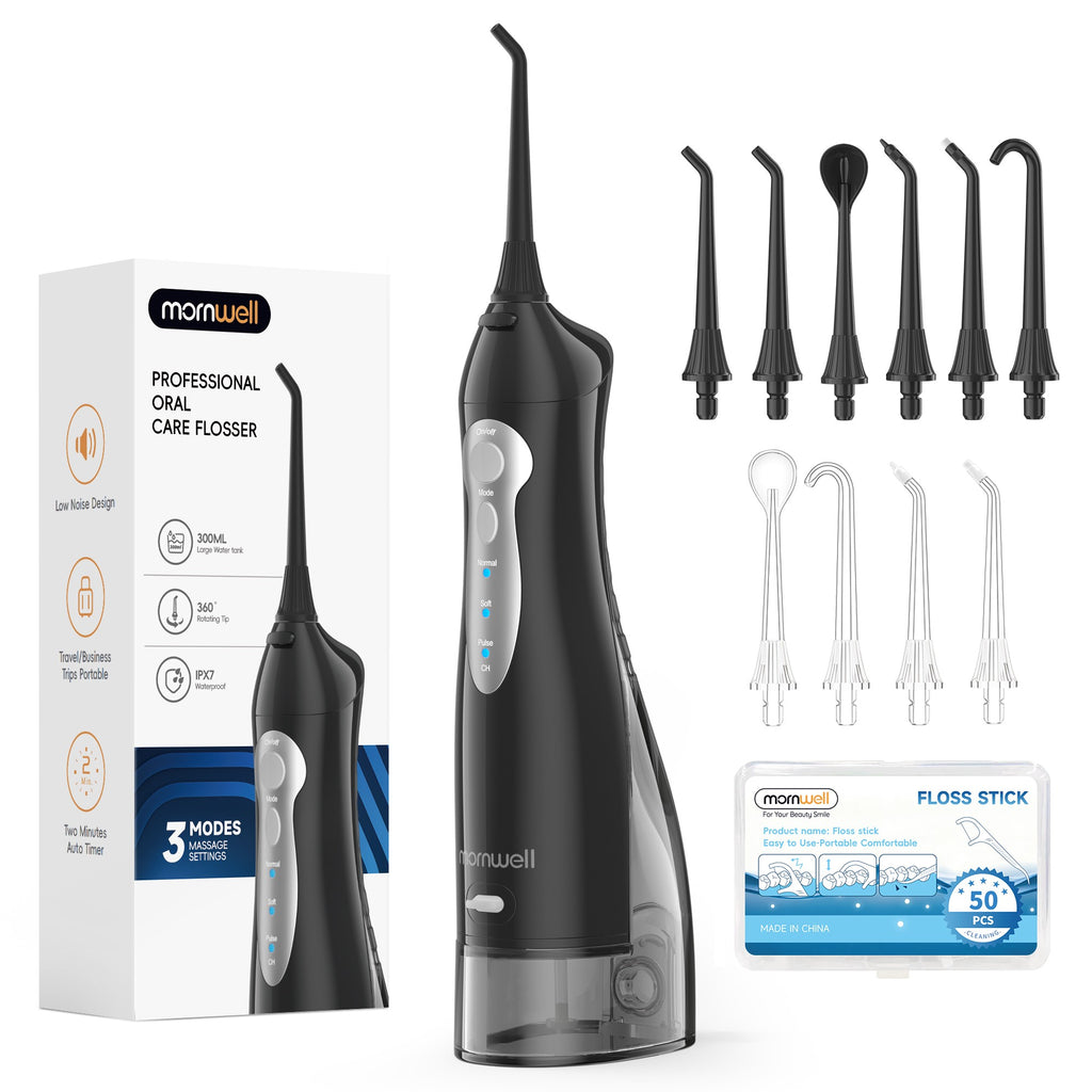 Irrigador Bucal Mornwell con 6 Boquillas y 3 Modos, Irrigador Dental Inalámbrico Portátil D52, Limpiador de Dientes con Resistencia al Agua IPX7