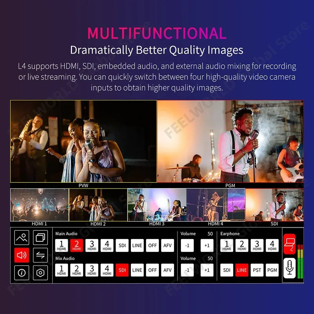 FEELWORLD L4 conmutador de vídeo para cámara, pantalla táctil de 10,1 pulgadas,