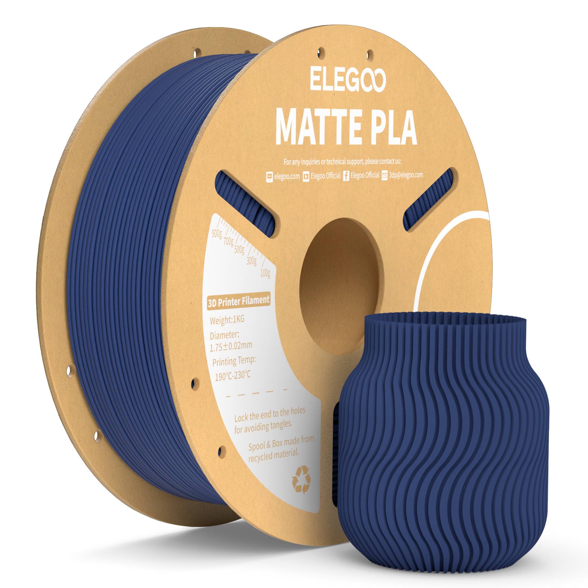 Filamento PLA Mate ELEGOO 1KG, 1.75mm para Impresora 3D FDM, Precisión Dimensional +/- 0.02mm, Bobina de Cartón de 1kg (2.2lbs)