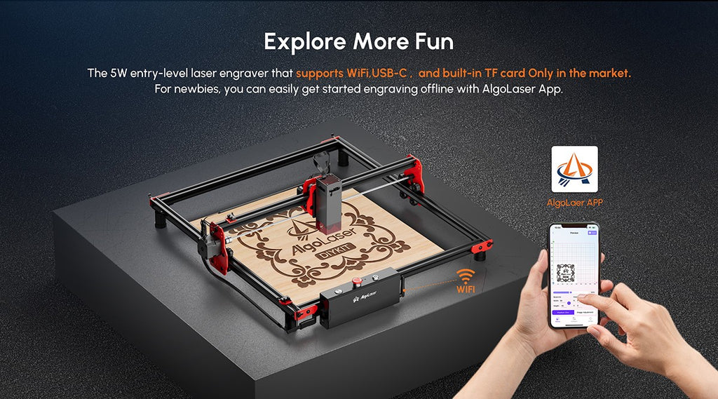 AlgoLaser KIT DIY 5.5W Máquina de Grabado Láser de Escritorio Inteligente de Nivel Básico con Control WiFi y Offline para Madera, Acrílico, Cuero y Manualidades DIY