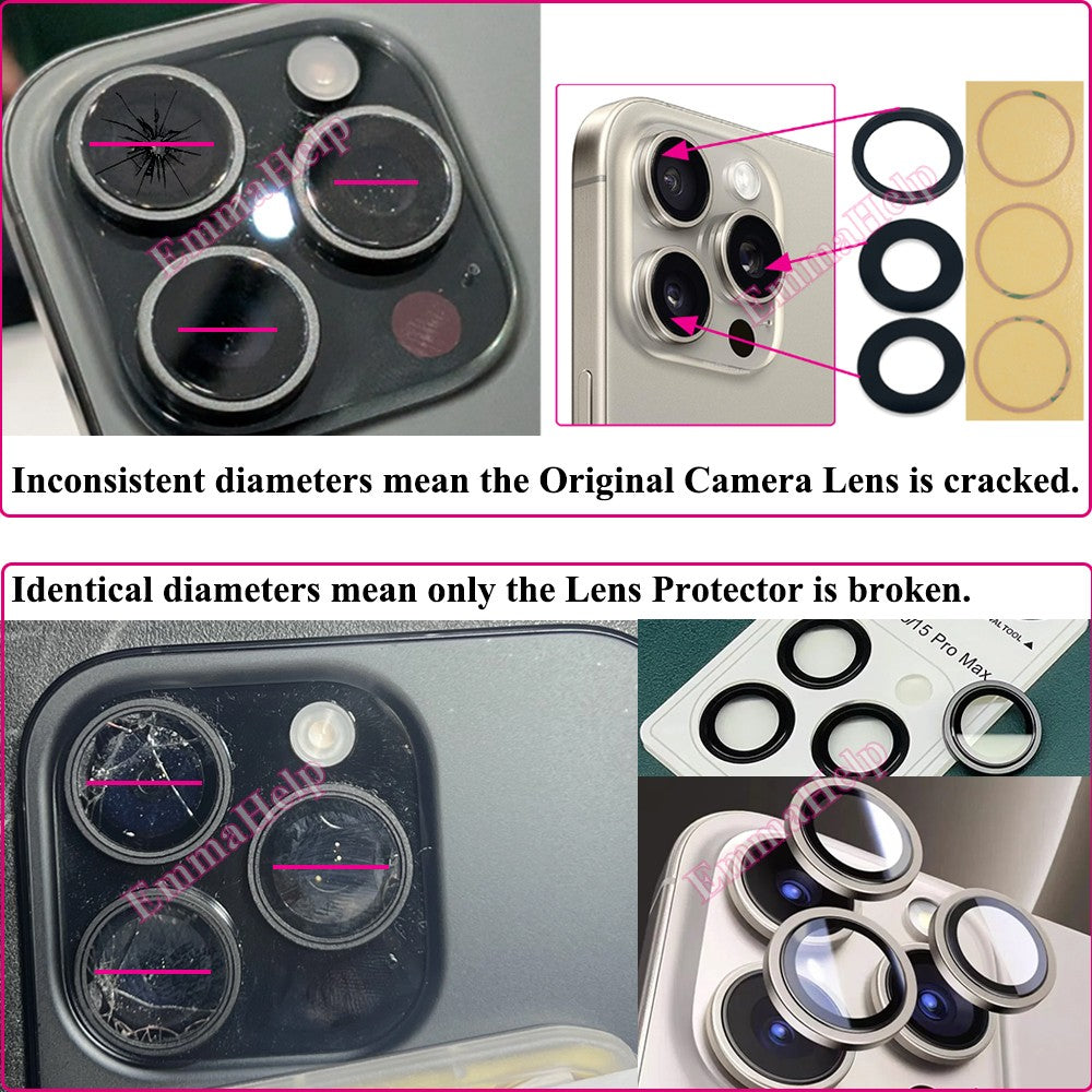 EmmaHelp Juego de 10 cristales de repuesto para cámara trasera de iPhone 15 14 13 XR X XS SE 7 8 11 12 Pro Max, cubierta de lente de cámara trasera, adhesivo de repuesto A+
