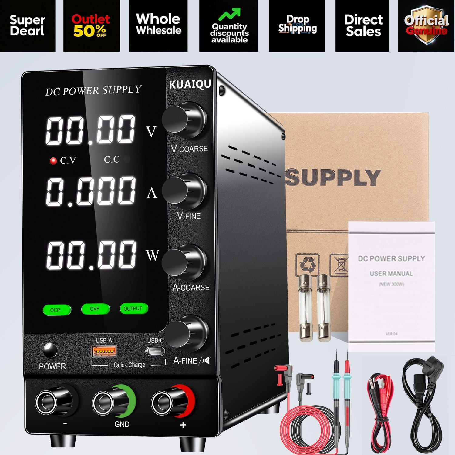 Fuente de Alimentación CC KUAIQU 30V 10A 5A, Fuente de Alimentación de Banco Variable Ajustable para Laboratorio, Regulador de Voltaje 60V 5A 120V 3A