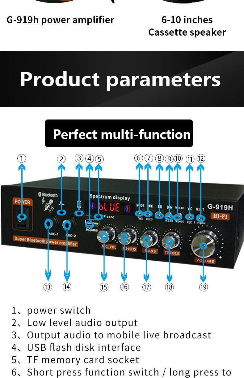 Amplificadores de potencia G919H 1000W para el hogar y el coche, 2 canales, Bluetooth, sonido envolvente, FM, USB, Control remoto, Mini amplificador estéreo Digital HIFI