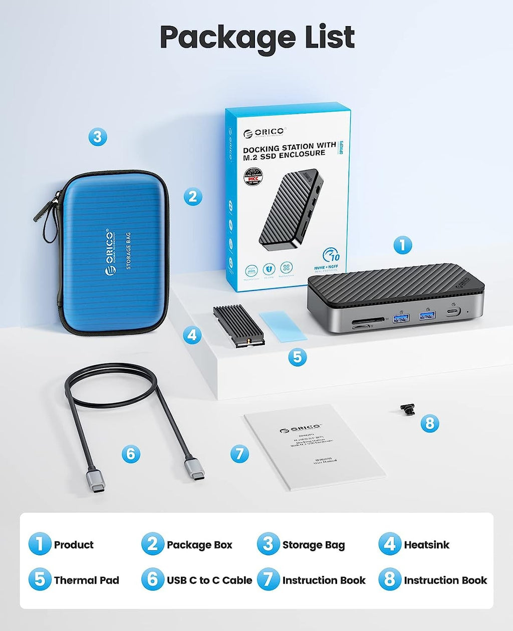 ORICO tipo C HUB con ventilador de refrigeración M.2 NVMe SATA SSD gabinete externo 10Gbps 4K 60Hz HDMI-Com RJ45 SD/TF estación de acoplamiento USB