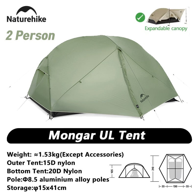 Carpa Naturehike Mongar 2 para Camping y Playa, Nailon 20D Impermeable, Carpa para 2 Personas, Mongar UL Ultraligera, Carpa de Senderismo para 3 Estaciones
