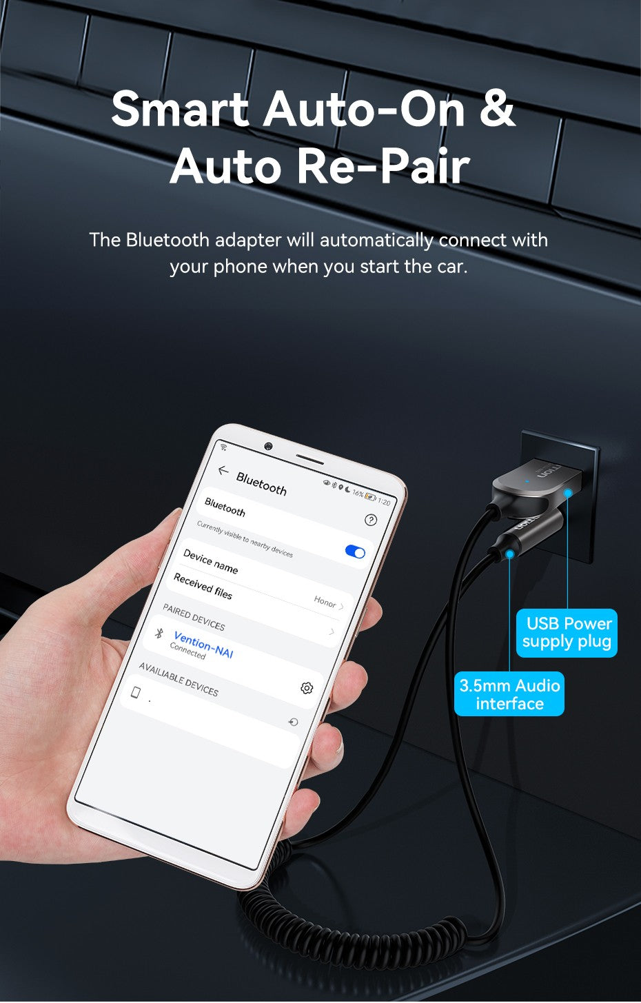 Vention-receptor de Audio Bluetooth para coche, adaptador USB inalámbrico para coche, USB a conector de 3,5mm, micrófono, manos libres, Bluetooth 5,4, accesorios para coche