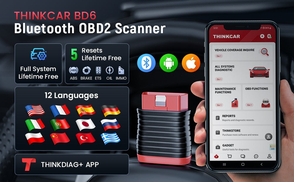 THINKCAR BD6 escáner Bluetooth herramienta de diagnóstico de coche escáner OBD2 sistema completo de diagnóstico 5 restablecer aceite IMMO lector de código de diagnóstico automático