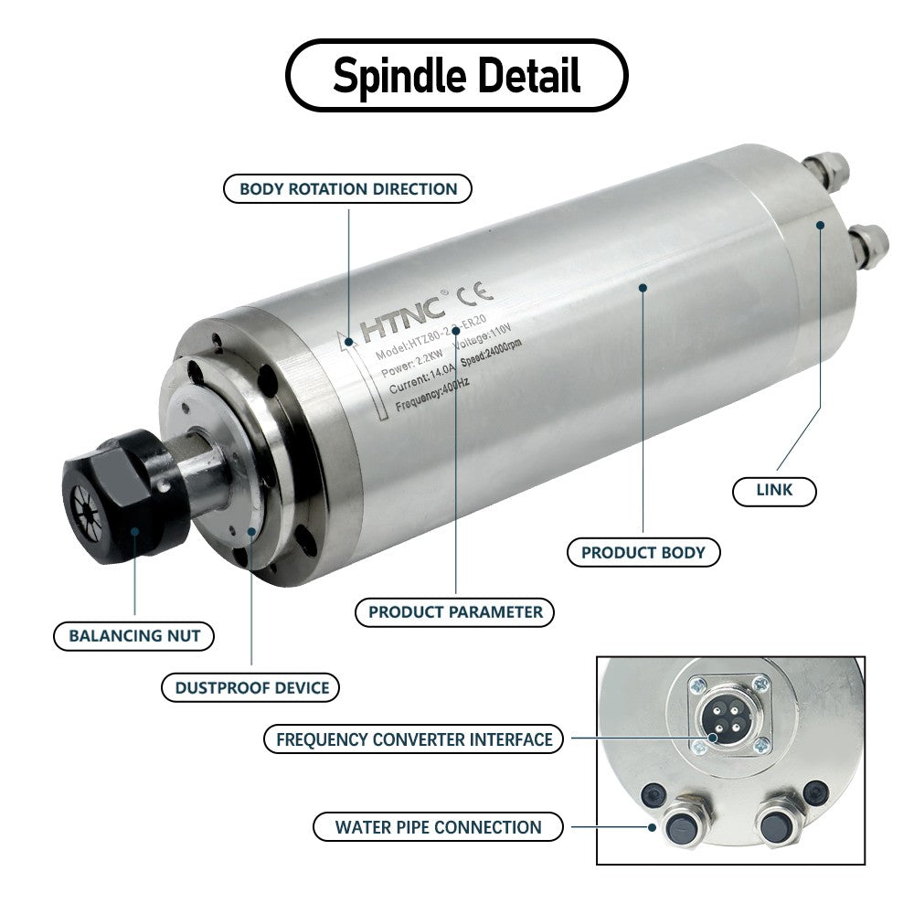 Motor de husillo CNC de 2200W, 220v ER20, 2,2 kW, husillo de refrigeración por agua redondo, 24000RPM + 2,2 kW VFD 50/60hz + bomba de agua + soporte de 80mm