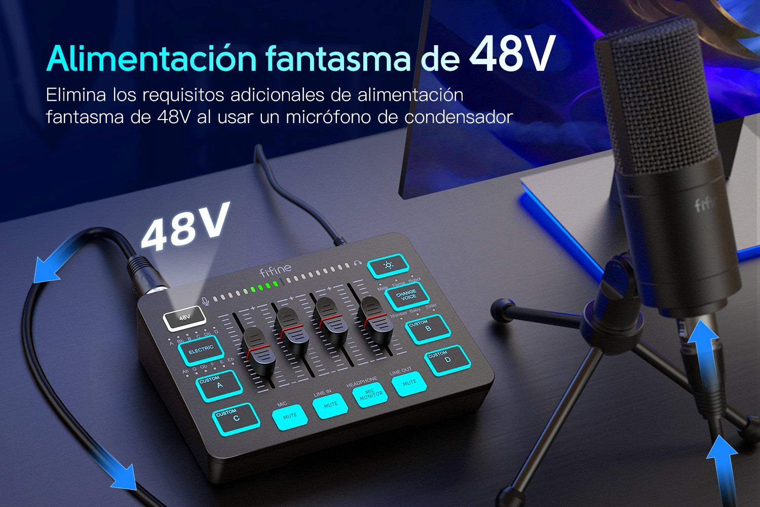 FIFINE mezclador de Audio para juegos, mezclador de transmisión de 4 canales RGB con interfaz de micrófono XLR, para voz de juego, Podcast,AmpliGame SC3