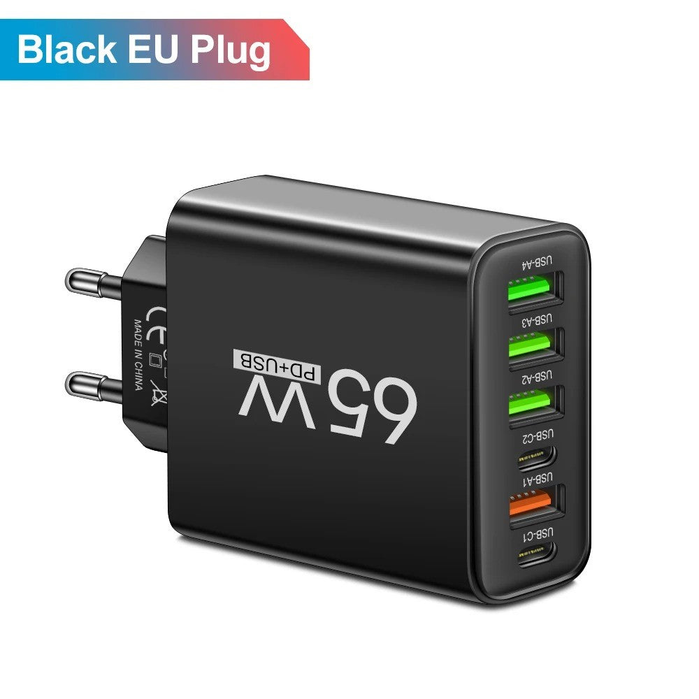 Cargador USB de 65W, adaptador de carga rápida PD tipo C de 6 puertos para iPhone 13, 14, 15, Samsung, Xiaomi, Huawei, cargador rápido de pared para teléfono móvil