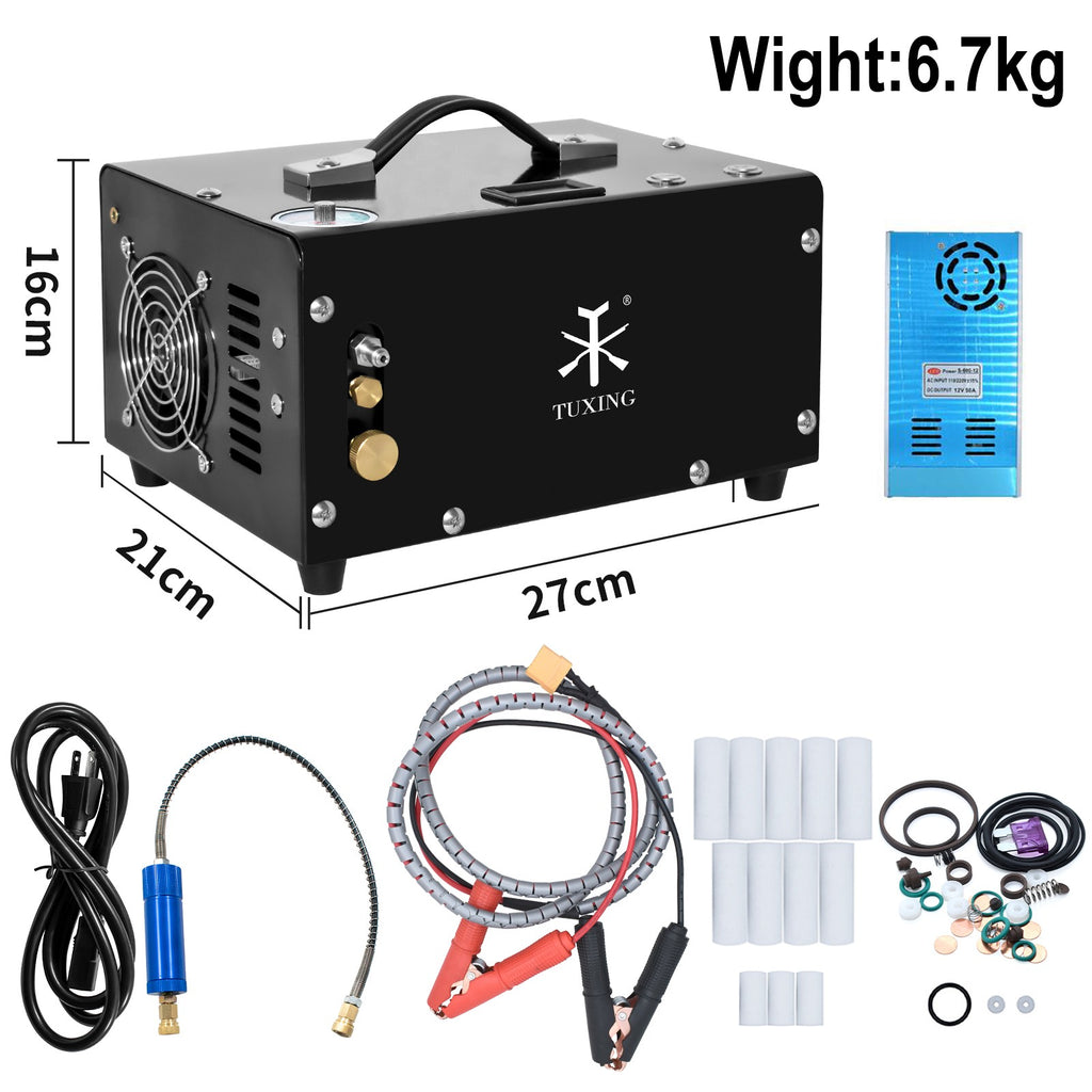 Compresor de aire PCP de parada automática TUXING TXET061 de 300 bar y 4500 psi de alta presión con adaptador de corriente de 12 V para buceo con rifle