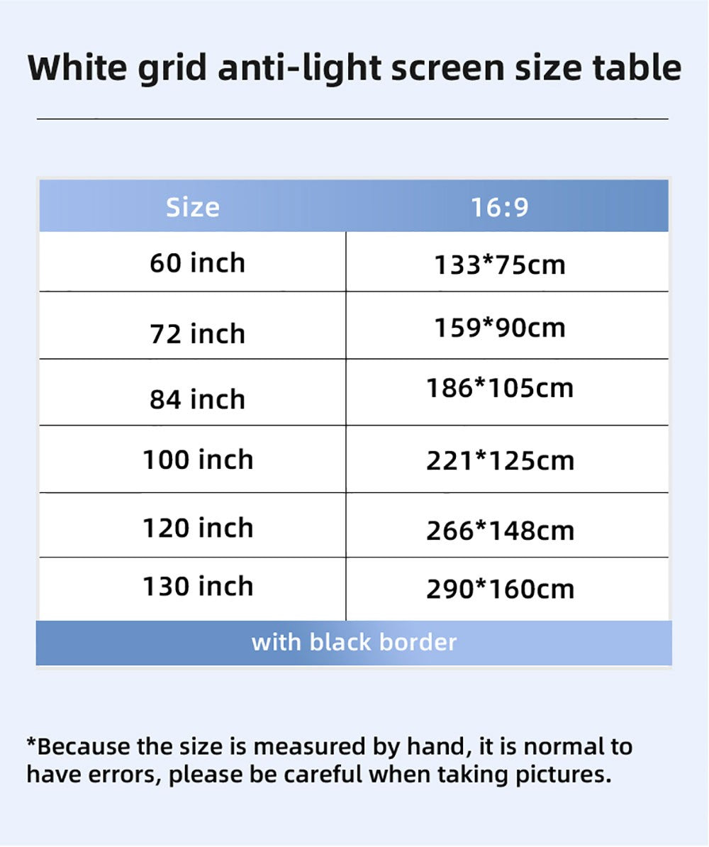 VEIDADZ Pantalla de proyector Rejilla blanca Anti-luz Ángulo de visión de 160 ° 60 72 84 100 120 130 pulgadas Borde negro Gancho de metal Pantalla reflectante