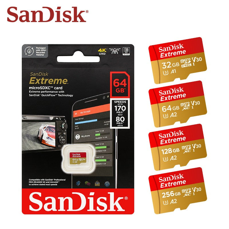 Tarjeta Micro SD Sandisk Original Extreme A2 V30 U3 SDXC Flash 32GB 64GB 128GB 256GB tarjeta MicroSD 190MB/s tarjeta TF para teléfono tableta