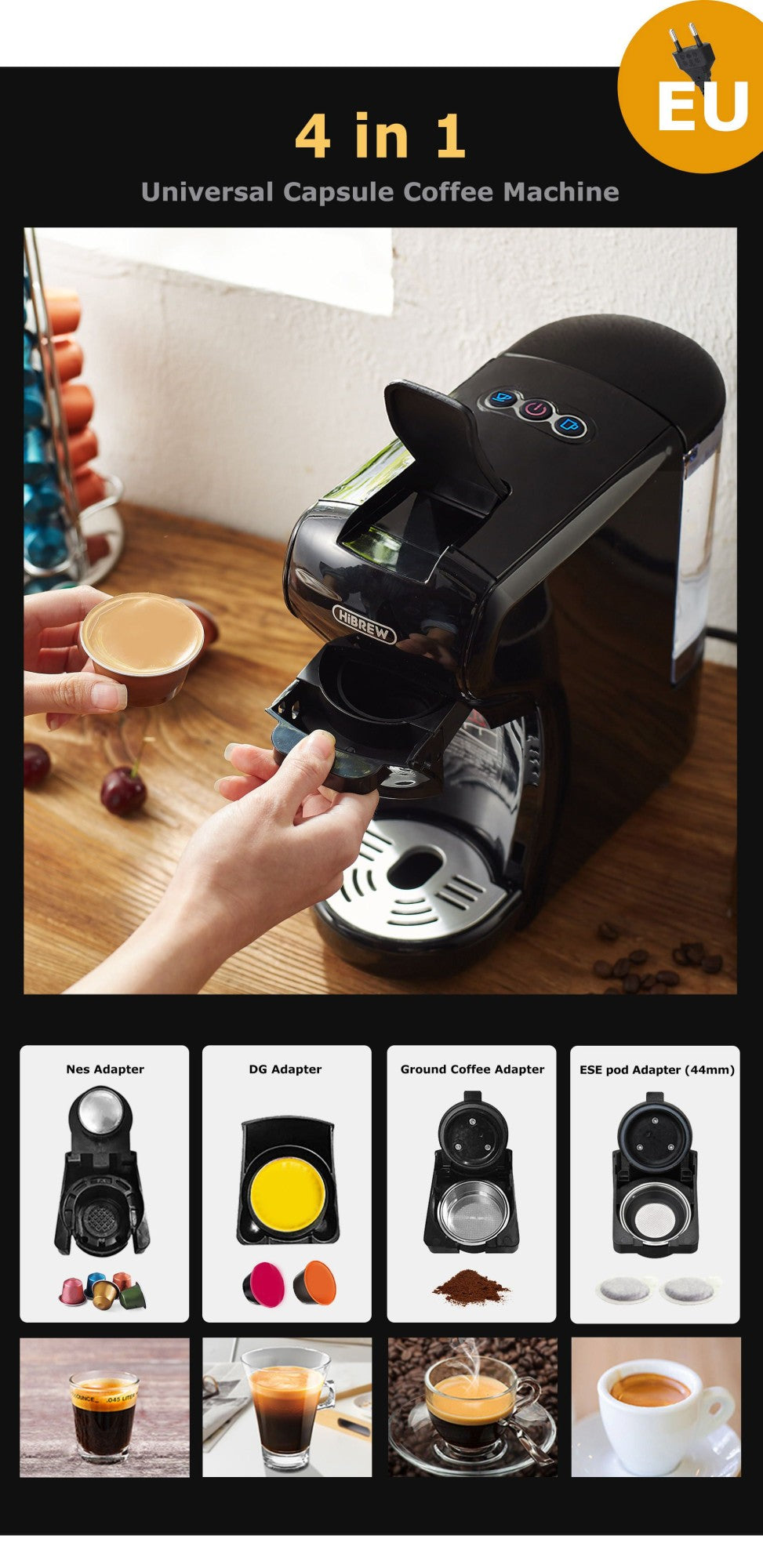 Máquina de café HiBREW 19 Bar 4 en 1, Cápsula múltiple caliente y fría, Cafetera Espresso, Cafetera de cápsulas Dolce Milk Nexpresso en polvo H1A