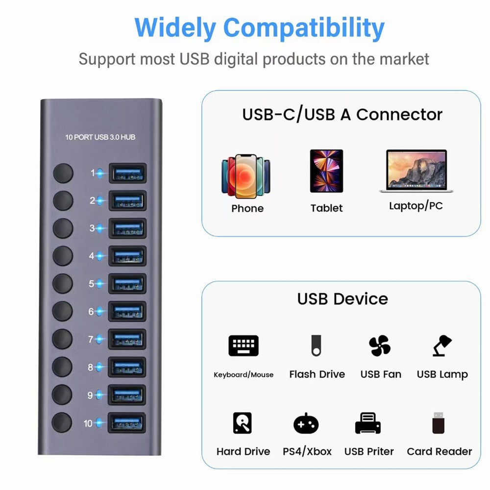 USB 3,0 Hub Socket Switch 4 6 10 puertos concentrador multi-tap multipuerto estación de acoplamiento cargador fuente de alimentación múltiple tipo C