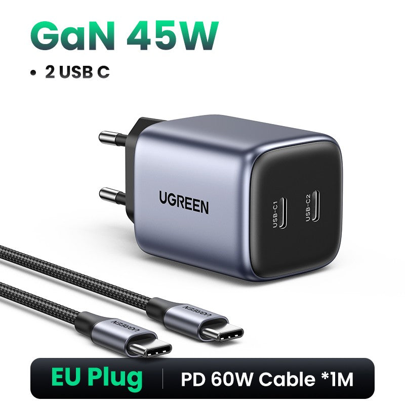 UGREEN GaN 45W cargador USB PD QC 3,0 cargador rápido para iPhone 17 16 15 Pro cargador de teléfono de viaje para Samsung S24 S23