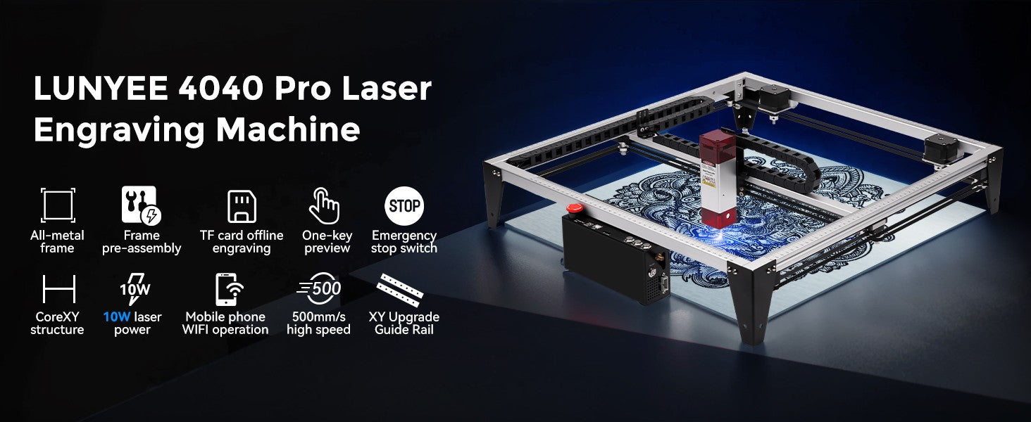 Grabador láser LUNYEE, cortador láser de 80W/50W, potencia de salida de 10W/5,5W, carril guía lineal de 2 ejes, para madera y Metal, acrílico, cuero, etc.