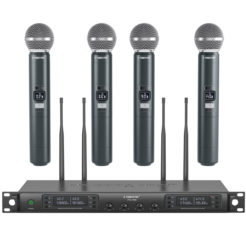 Micrófono inalámbrico profesional UHF Phenyx Pro 4 canales escaneo automático frecuencia seleccionable Metal 100M para cantar Iglesia PTU7000
