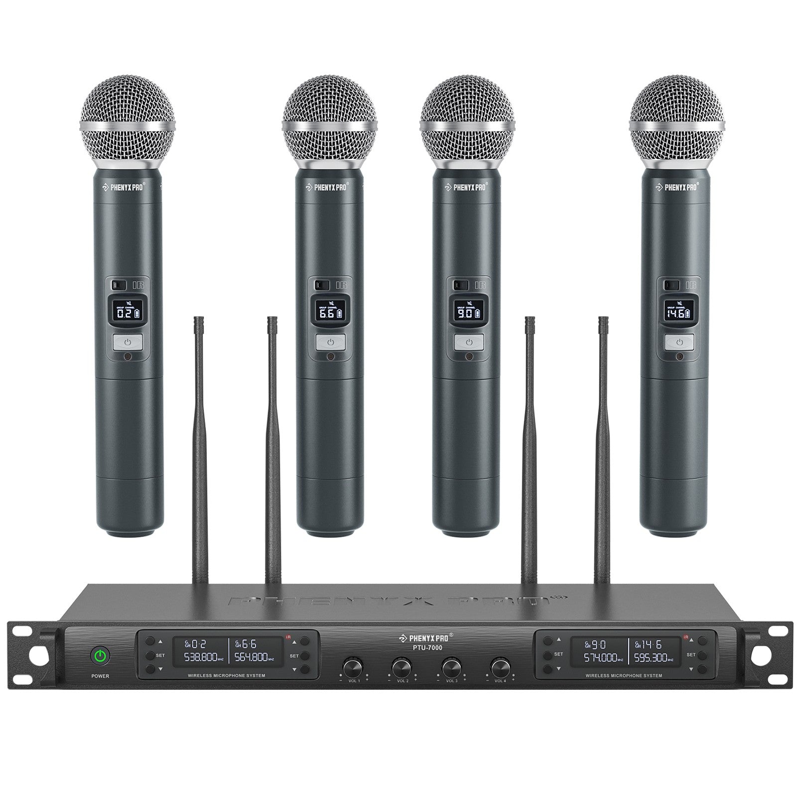 Micrófono inalámbrico profesional UHF Phenyx Pro 4 canales escaneo automático frecuencia seleccionable Metal 100M para cantar Iglesia PTU7000
