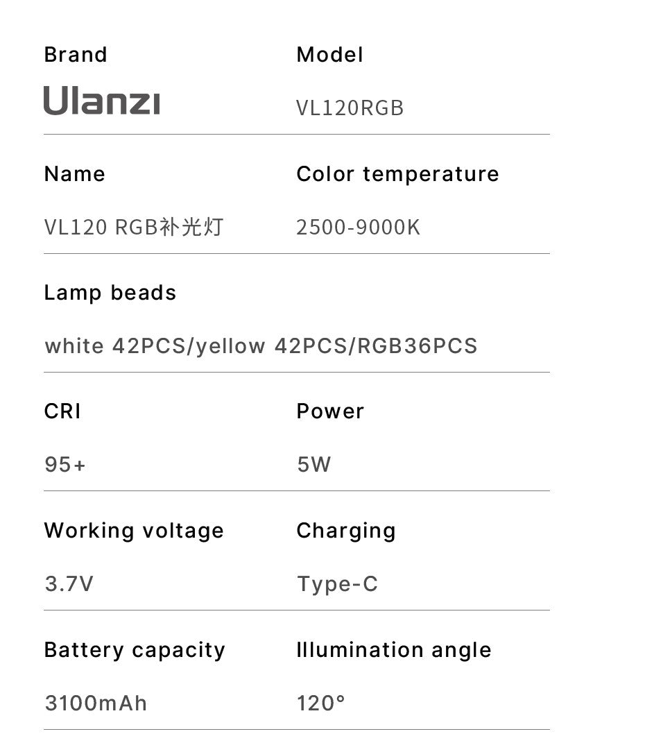 Ulanzi VL120 luz de vídeo blanca RGB a todo Color 2500K-9000K luz LED de fotografía luz de cámara regulable luz de relleno Vlog en vivo
