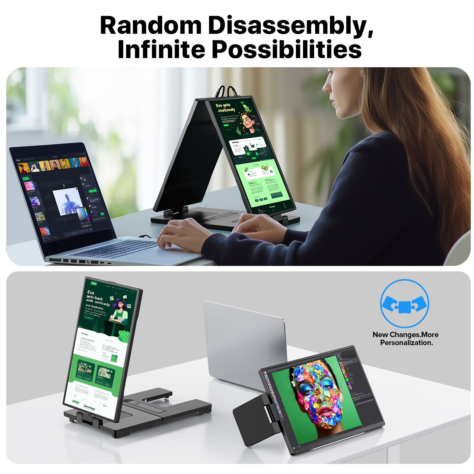 Extensor de pantalla triple EVICIV Swivel 2K de 14" para computadora portátil, bisagra giratoria única de 360° con rotación automática de 180°, monitor portátil QHD de 2240*1400 para computadora portátil de 13" a 17"