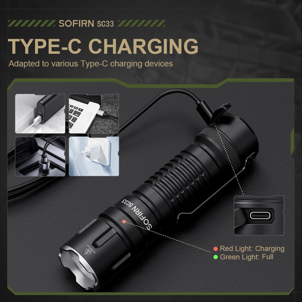 Sofirn SC33 5200 lumen Linterna LED XHP70.3 HI Linterna táctica Potente linterna recargable 21700 USB C con interruptor de cola E iluminación externa, potente linterna para caza, uso policial, defensa personal