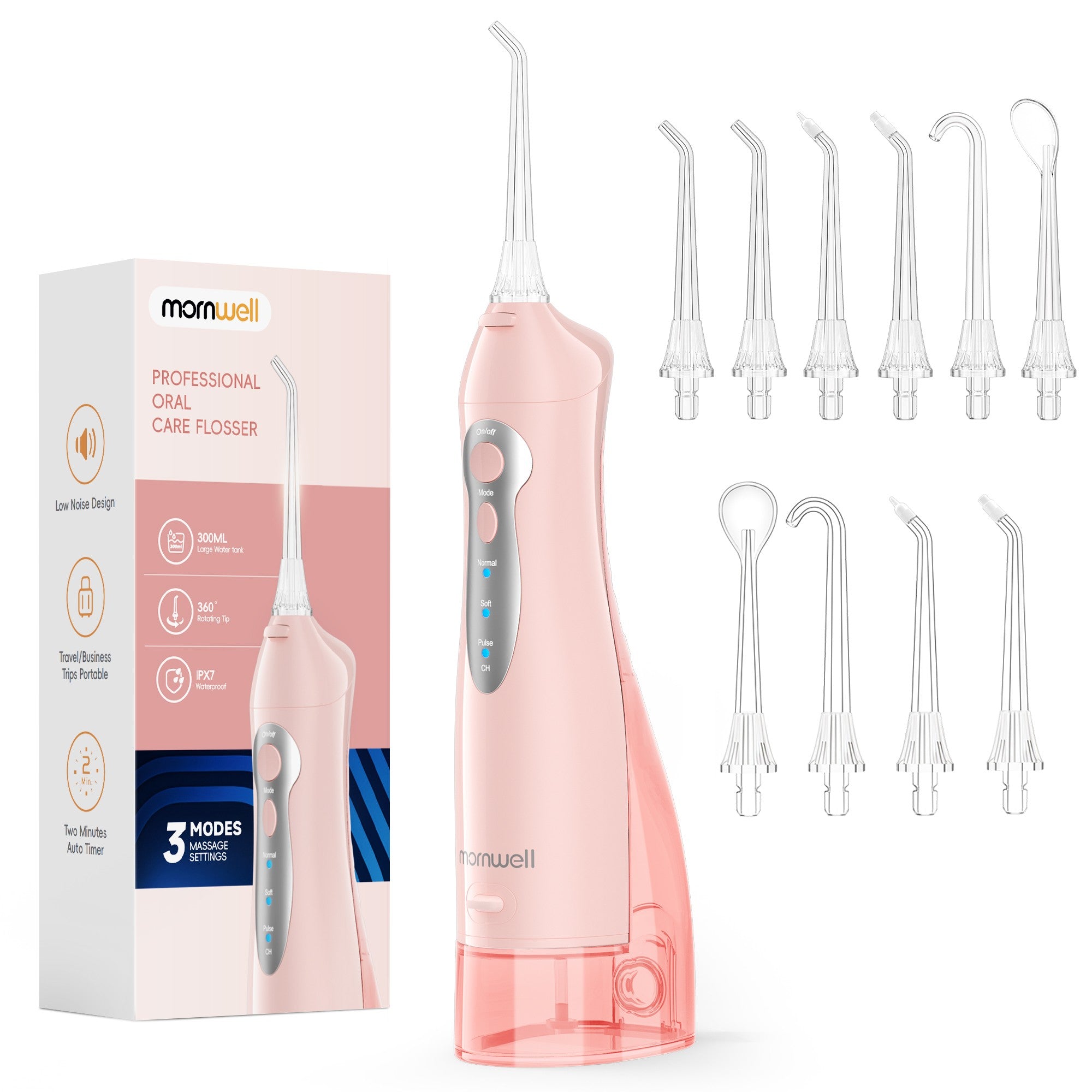 Irrigador Bucal Mornwell con 6 Boquillas y 3 Modos, Irrigador Dental Inalámbrico Portátil D52, Limpiador de Dientes con Resistencia al Agua IPX7