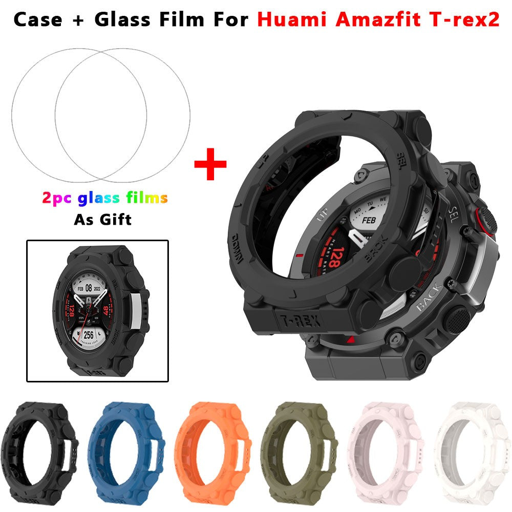 Funda 2 en 1 + película de vidrio templado para Huami Amazfit T Rex 2 TPU Protector de pantalla de PC y cubierta protectora de parachoques para Amazfit TRex2