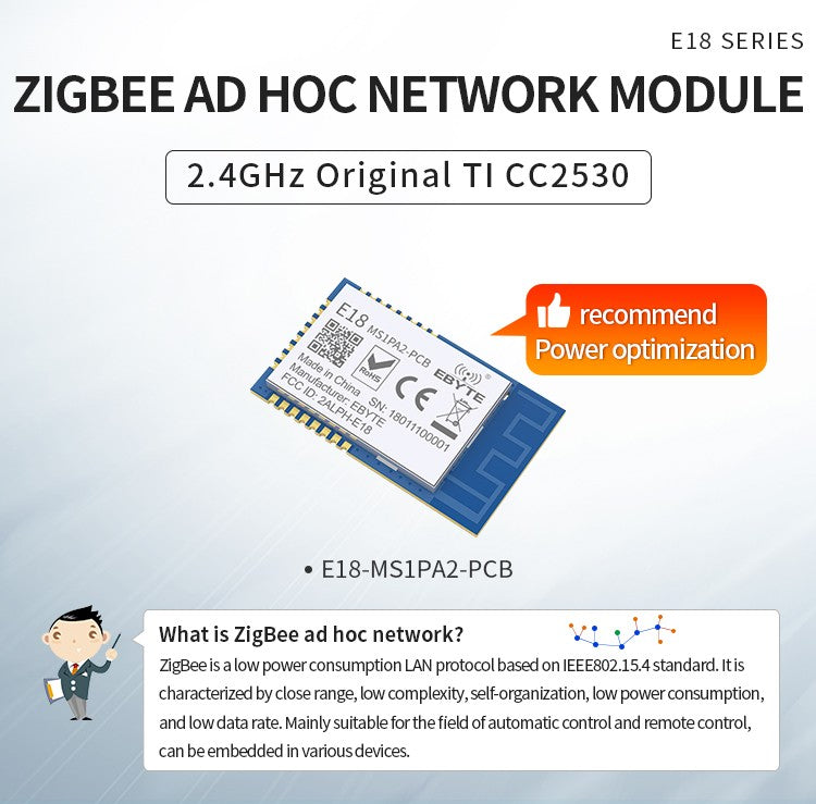 Módulo inalámbrico CC2530 ZigBee 2,4 GHz E18-MS1PA2-PCB EBYTE 100mW módulo de red Zigbee AD HOC de larga distancia con antena PCB