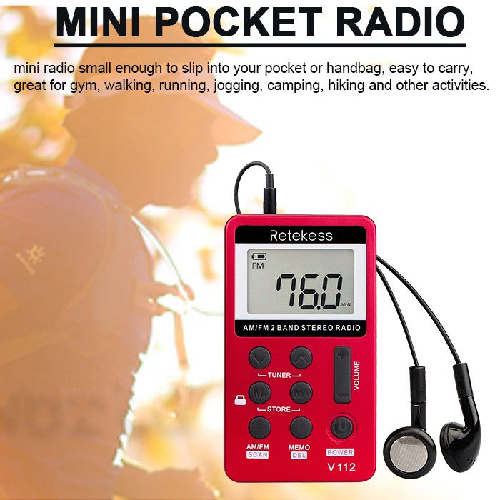 RETEKESS-Radio de 2 bandas V112, 10 piezas, FM, AM, Mini sintonización Digital portátil, receptor de Radio con batería recargable y auriculares