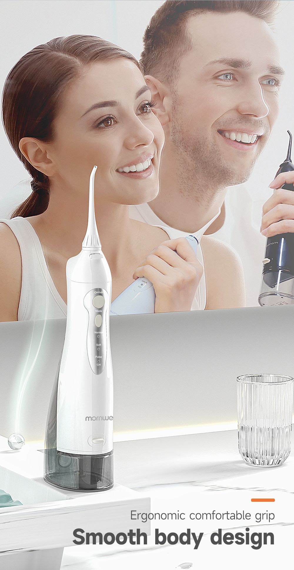 Irrigador Bucal Mornwell con 6 Boquillas y 3 Modos, Irrigador Dental Inalámbrico Portátil D52, Limpiador de Dientes con Resistencia al Agua IPX7