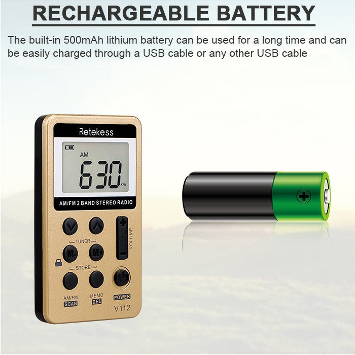 RETEKESS-Radio de 2 bandas V112, 10 piezas, FM, AM, Mini sintonización Digital portátil, receptor de Radio con batería recargable y auriculares