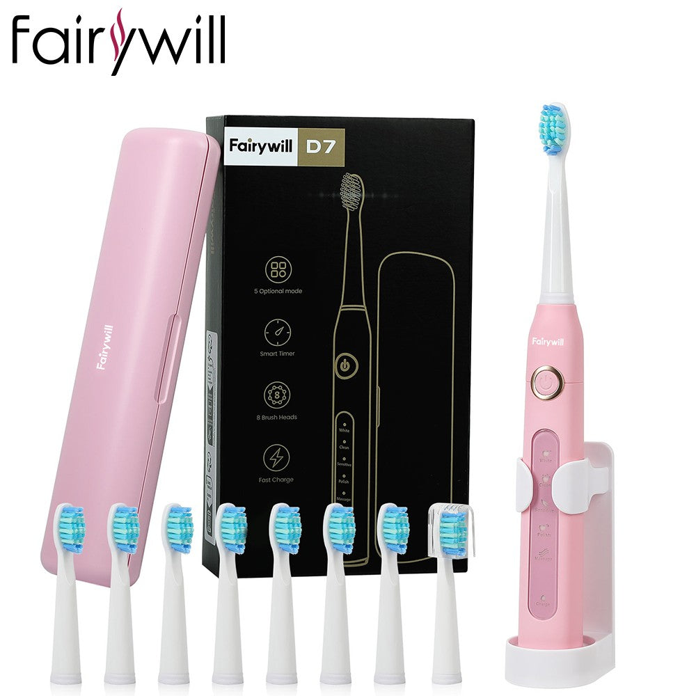 Fairywill-cepillo de dientes eléctrico FW-507, dispositivo con 5 modos, Cargador USB, temporizador de repuesto, 8 cabezales