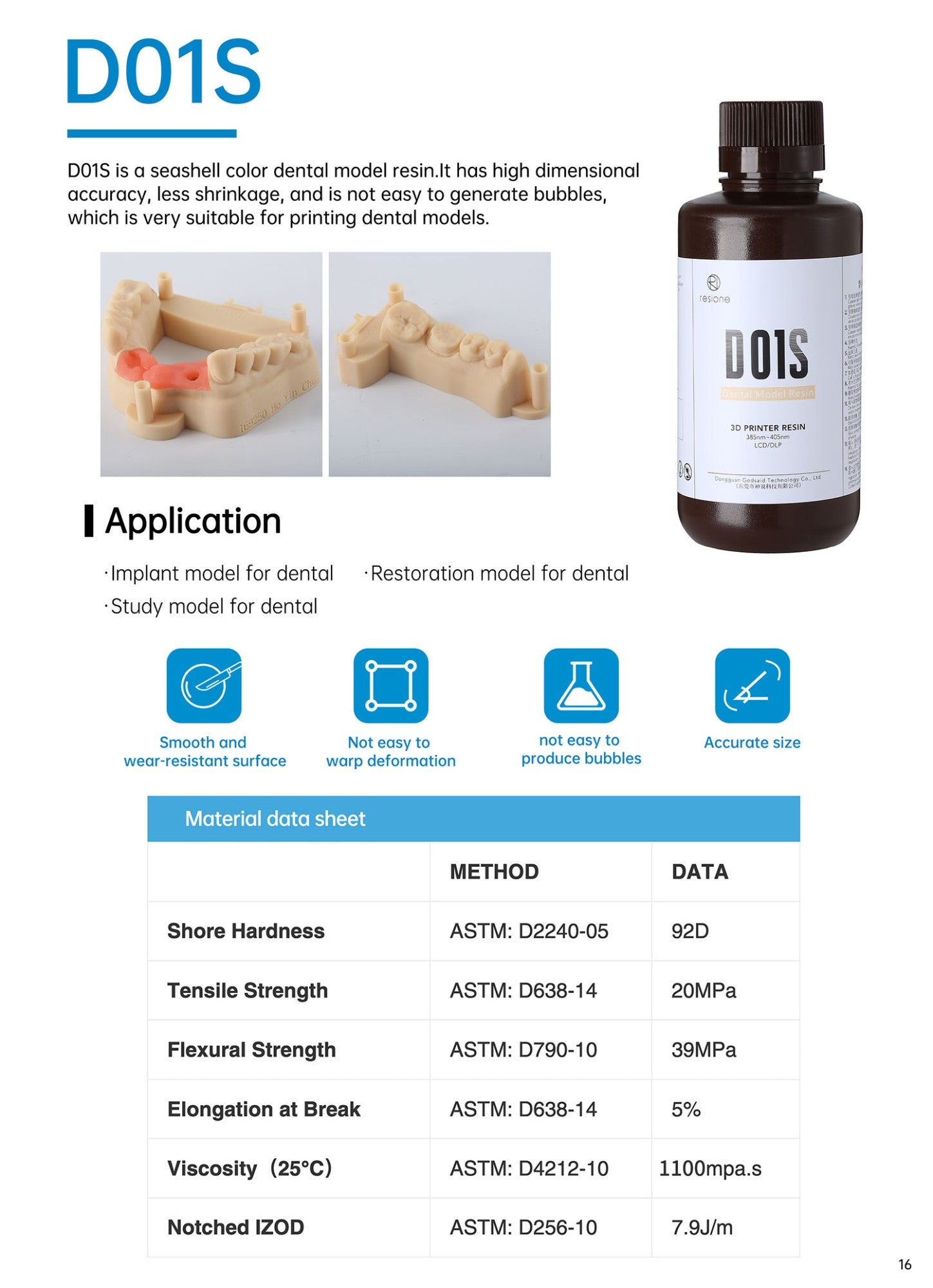 Resina de impresora 3D de fundición de resina Dental Resione D01S para impresora 3D de resina de fotopolímero UV de 405nm Elegoo Anycubic