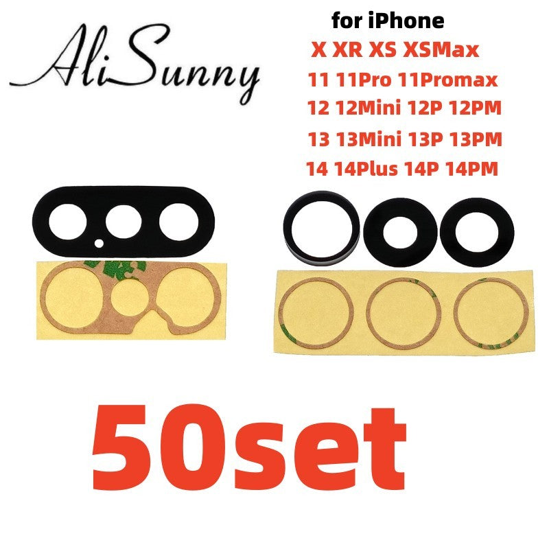 AliSunny-Conjunto de 50 lentes de cámara trasera para iPhone, cubierta de cristal, piezas de anillo, para modelos 13, 14, 7, 8 Plus, X, XS, Max, XR, 11, 12 y 15pro Max