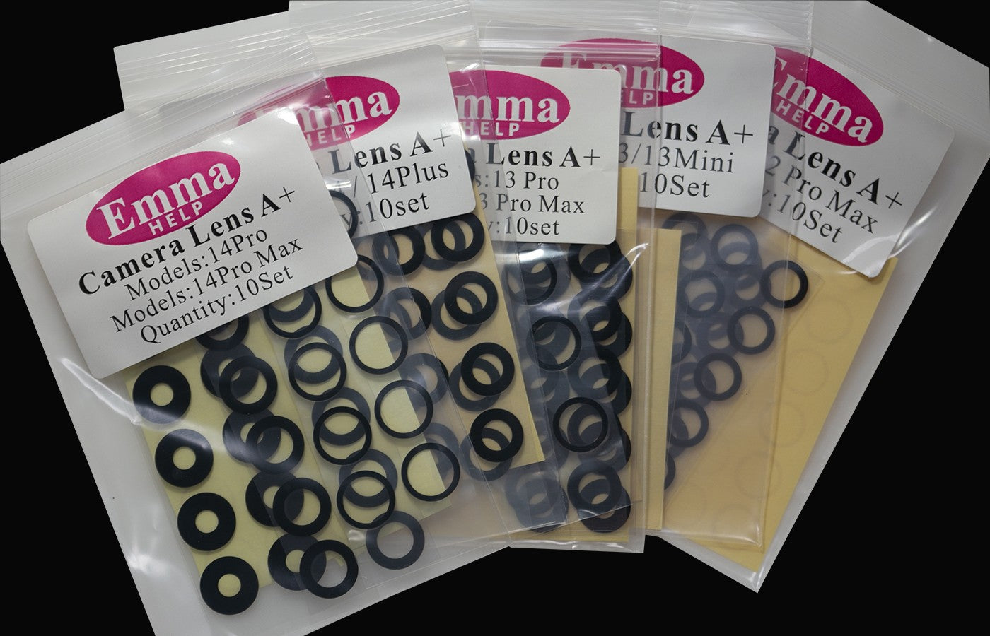 EmmaHelp Juego de 10 cristales de repuesto para cámara trasera de iPhone 15 14 13 XR X XS SE 7 8 11 12 Pro Max, cubierta de lente de cámara trasera, adhesivo de repuesto A+