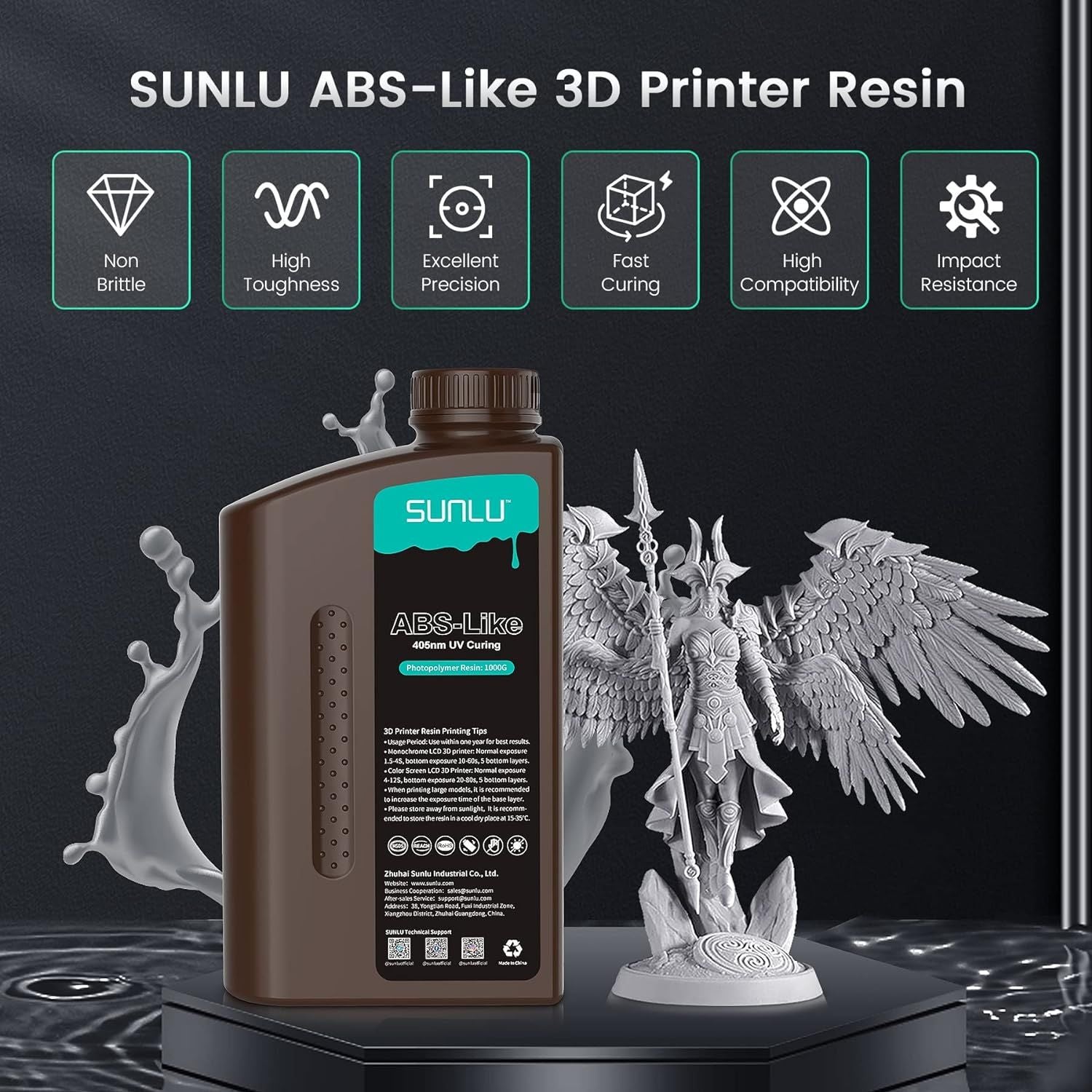 Resina 3D SUNLU de 2 kg, tipo ABS/estándar/lavable con agua, resina UV de 405 nm para la mayoría de las impresoras 3D SLA/DLP/LCD, material sensible a la luz UV, 1 kg