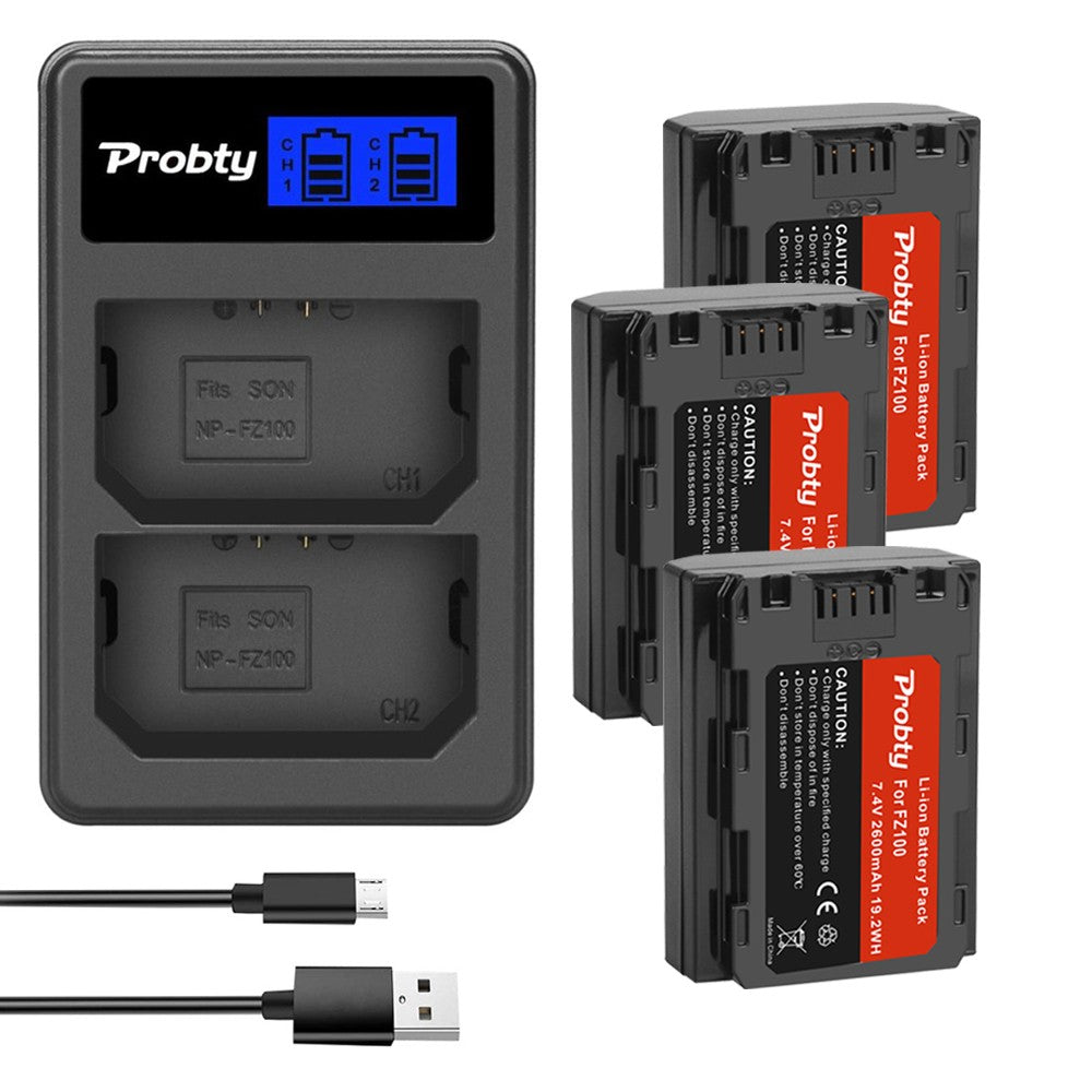NP-FZ100 NP FZ100 NPFZ100 batería de 2600mAh + cargador USB Dual LCD para cámaras Sony Alpha A7III A7R III A9 Alpha 9 A7R3 A6600